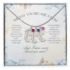 The Day You Became a Mom – Custom Baby Feet Necklace with Birthstone