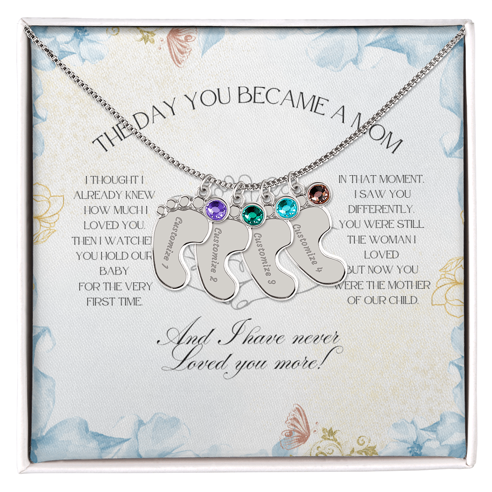 The Day You Became a Mom – Custom Baby Feet Necklace with Birthstone