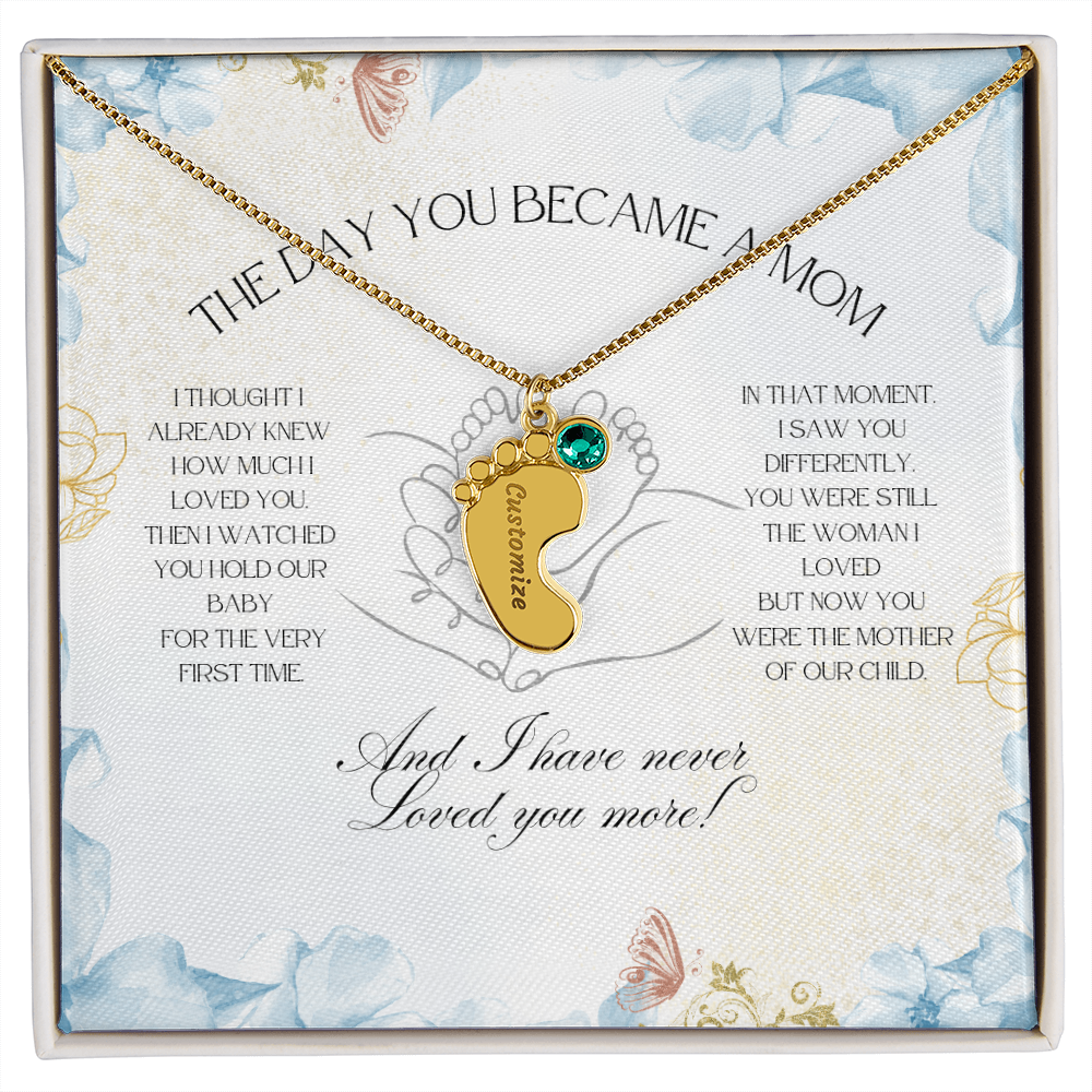The Day You Became a Mom – Custom Baby Feet Necklace with Birthstone