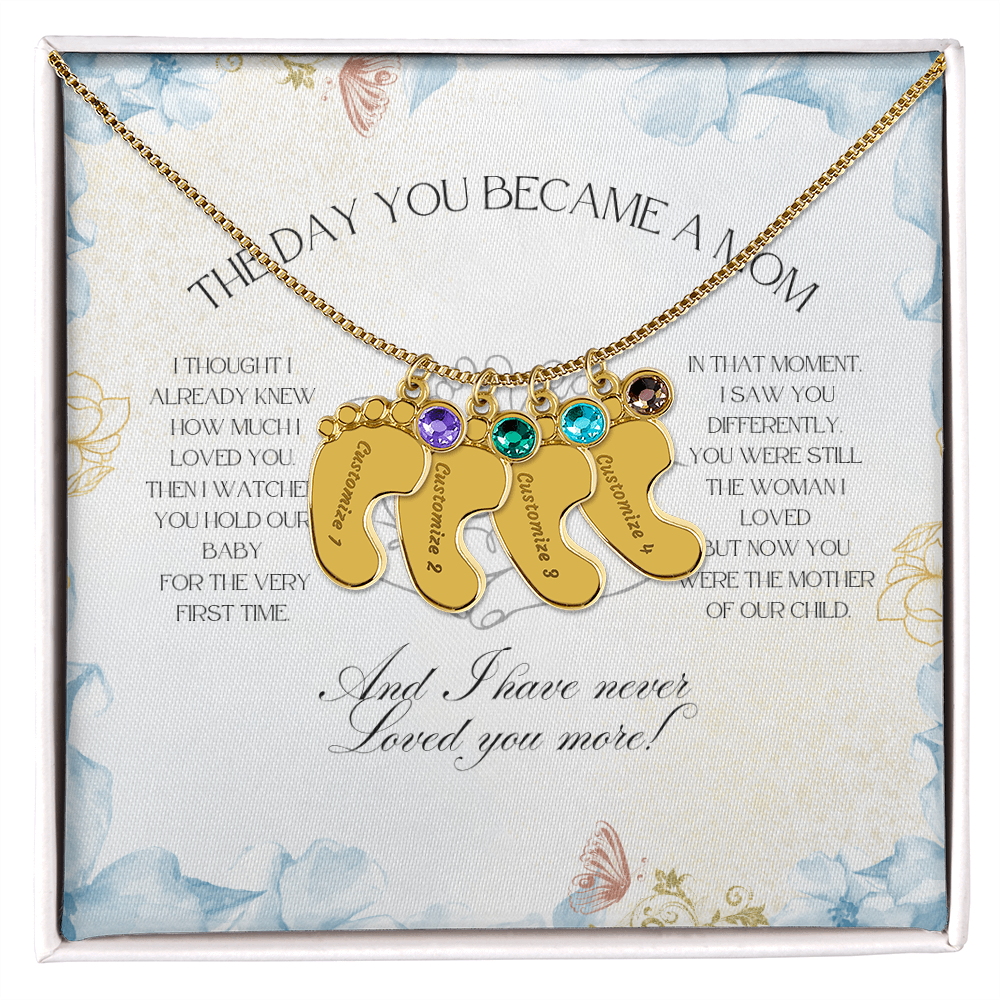 The Day You Became a Mom – Custom Baby Feet Necklace with Birthstone