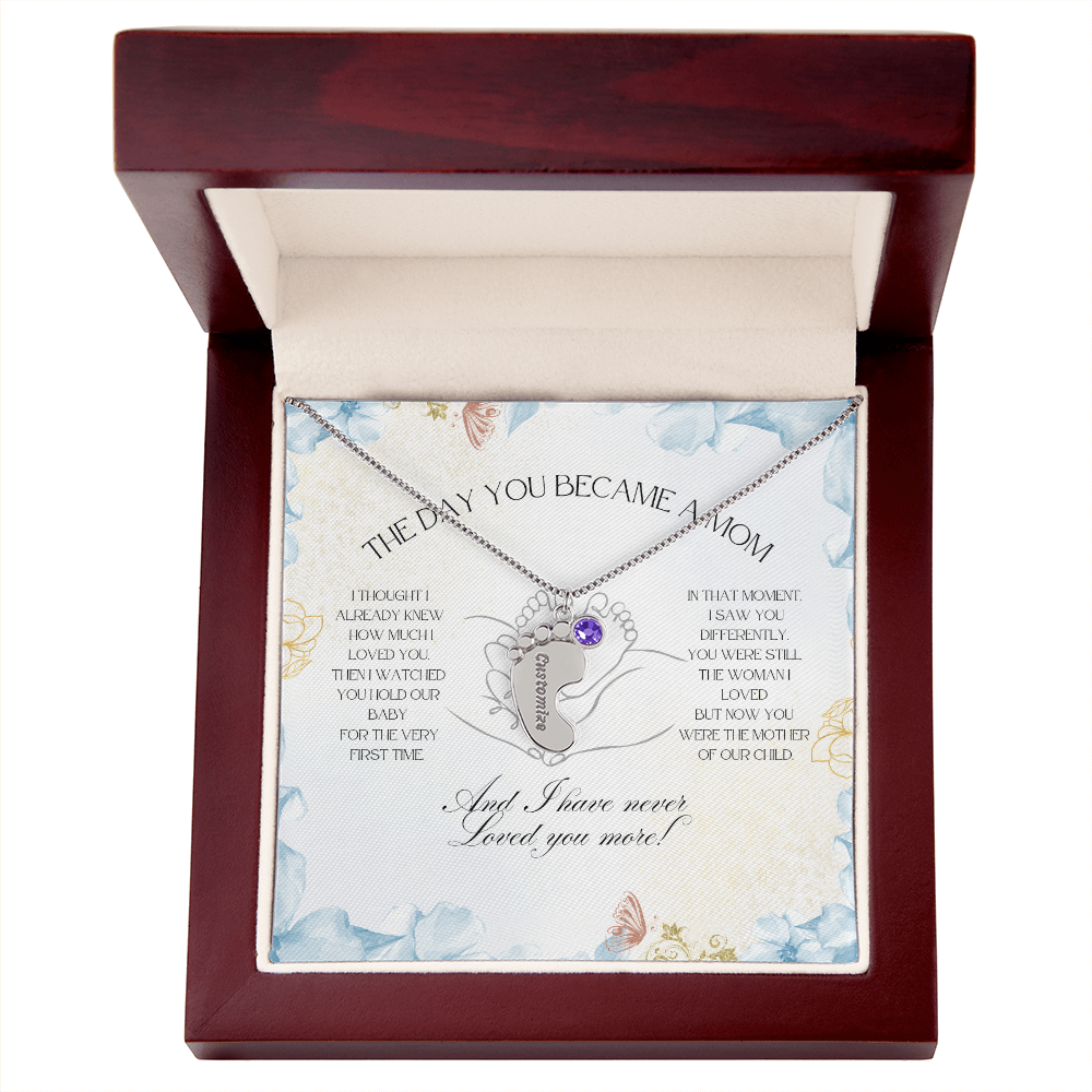 The Day You Became a Mom – Custom Baby Feet Necklace with Birthstone