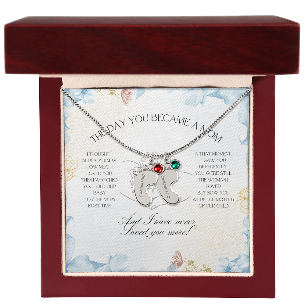 The Day You Became a Mom – Custom Baby Feet Necklace with Birthstone