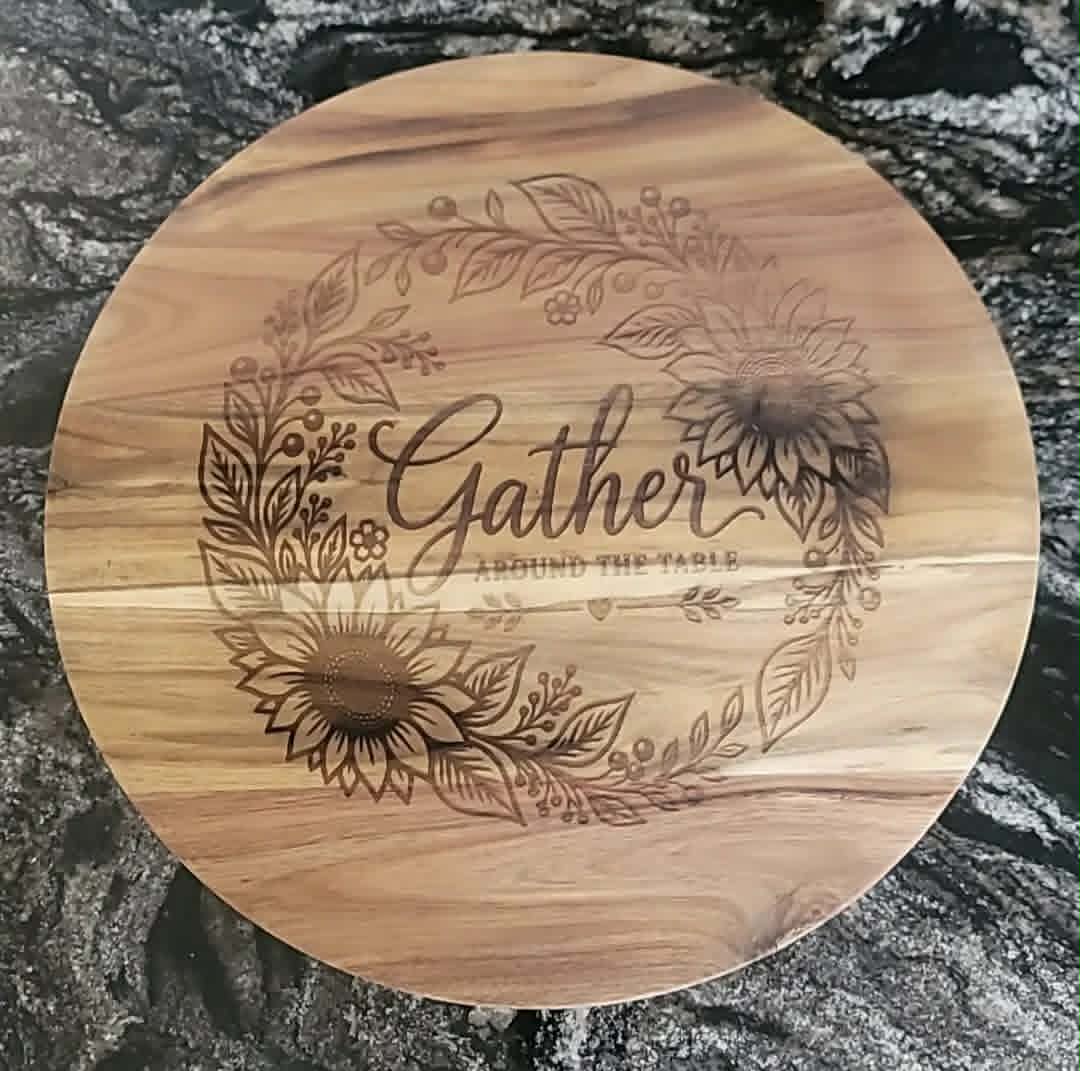 Gather Around the Table Lazy Susan — 18" Etched Acacia Wood Sunflower Design | Ready to Ship