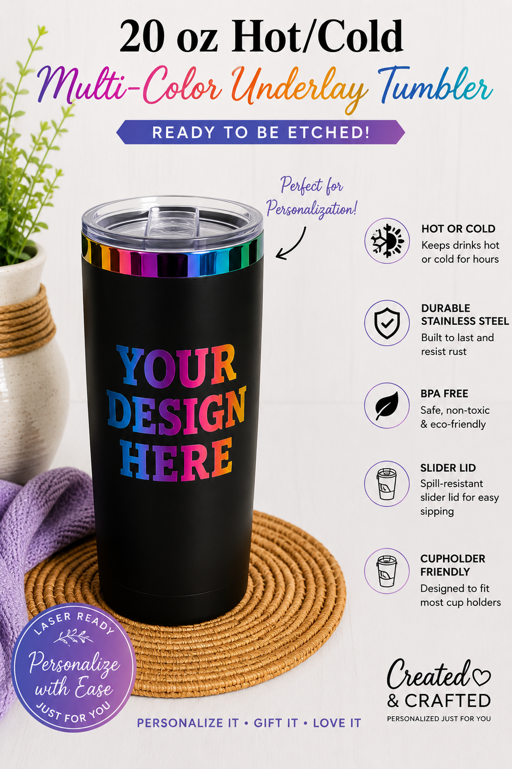 Personalized 20 oz Rainbow Underlay Tumbler – Custom Etched Name Gift