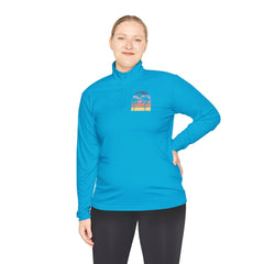 Quarter-Zip Pullover — Retro Sunset Surf Graphic