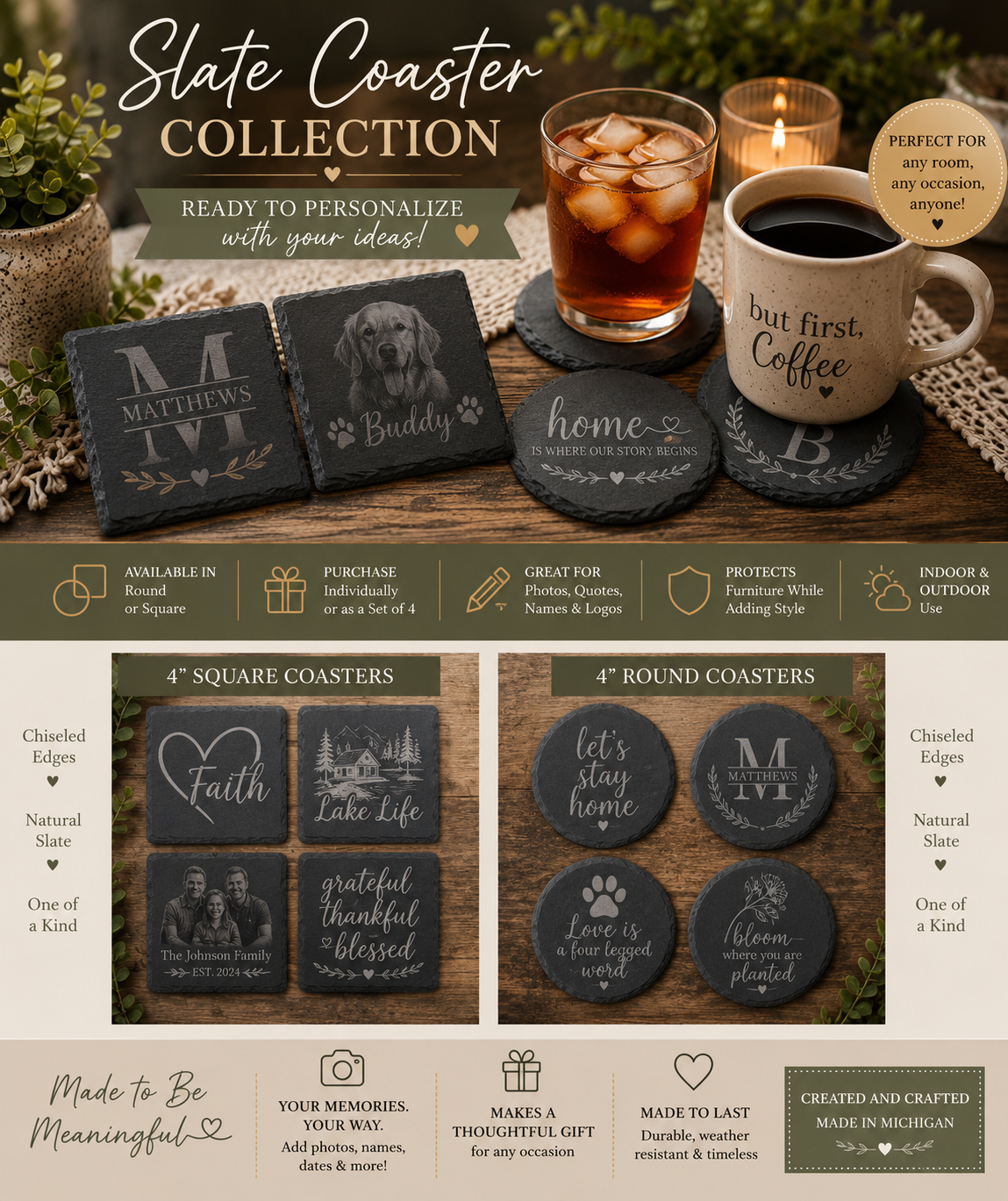 Personalized Slate Coasters – Set of 4 | Round or Square | Custom Etched Gift