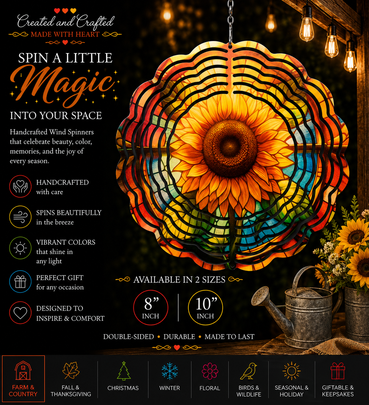 Stained Glass Sunflower Wind Spinner – 8 Inch Garden Gift