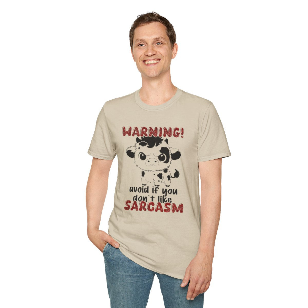 T-Shirt — "WARNING! Avoid If You Don't Like Sarcasm" Cute Cow Graphic