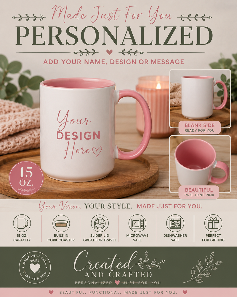 Personalized 15 oz Two-Tone Pink Coffee Mug – Custom Name & Design Gift